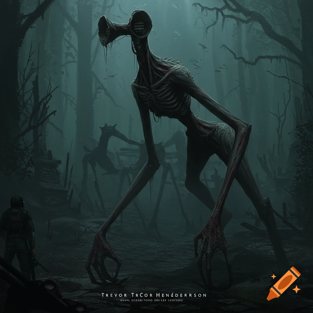 A tall, skeletal siren head creature stands in a dark, foggy forest.
