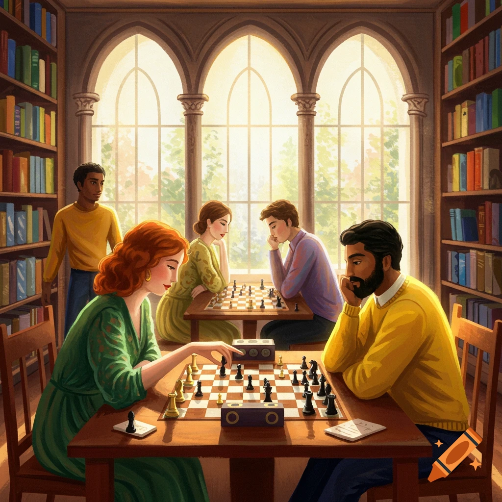 People playing chess in a library.