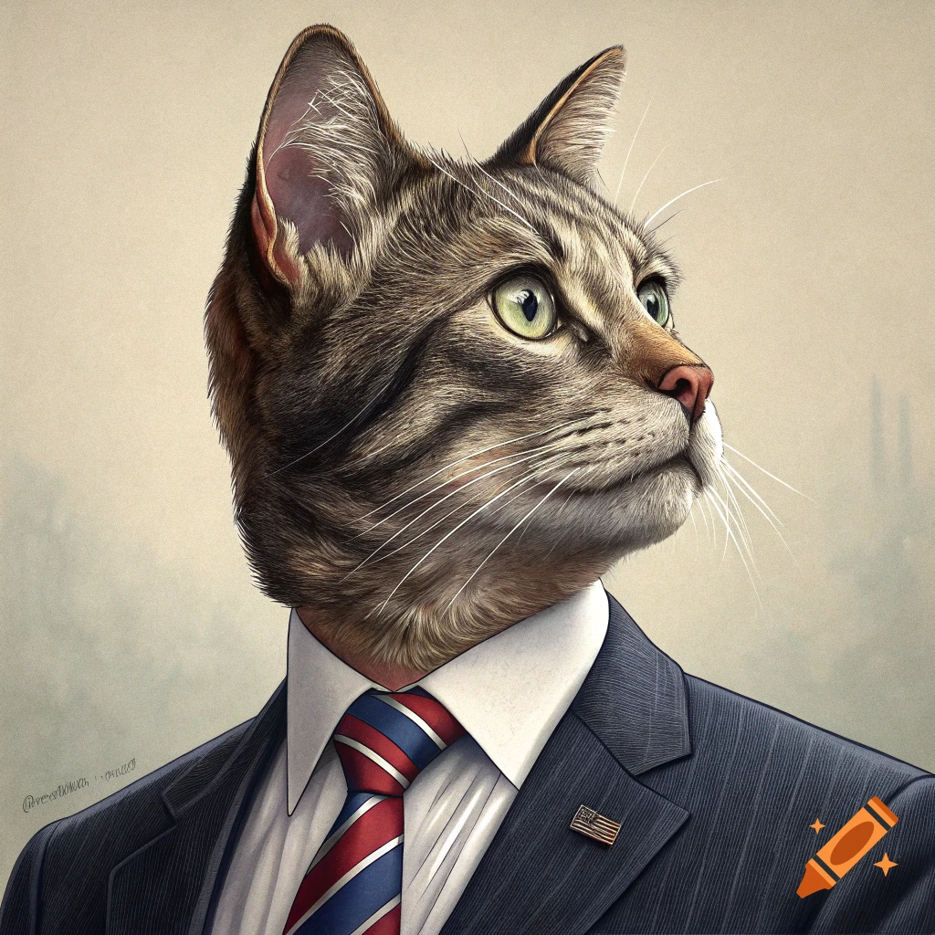 A detailed portrait of a tabby cat head on a body wearing a suit with a red, white, and blue tie and flag pin.