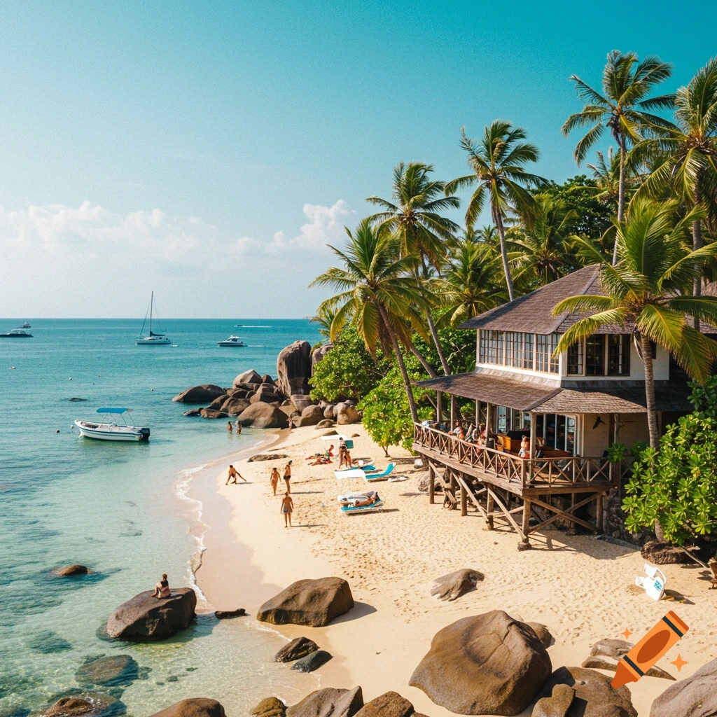 A tropical beach with people, boats in the ocean, a building, and palm trees.