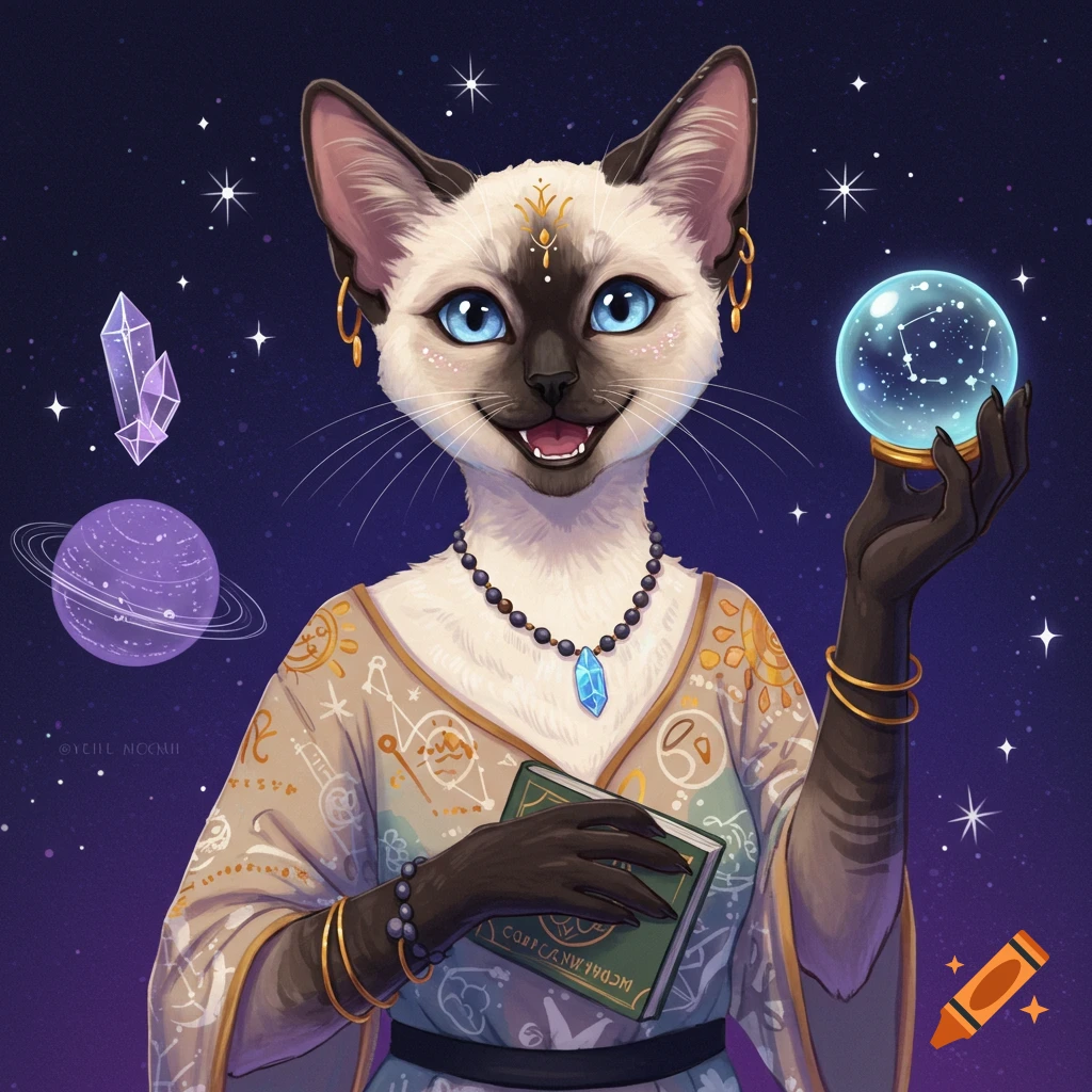 A Siamese cat mystic holds a crystal ball in space with planets and crystals, digital art.