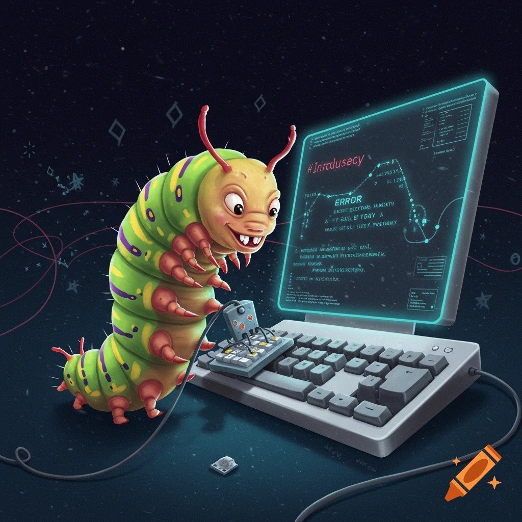 Cartoon caterpillar hacking on a computer.