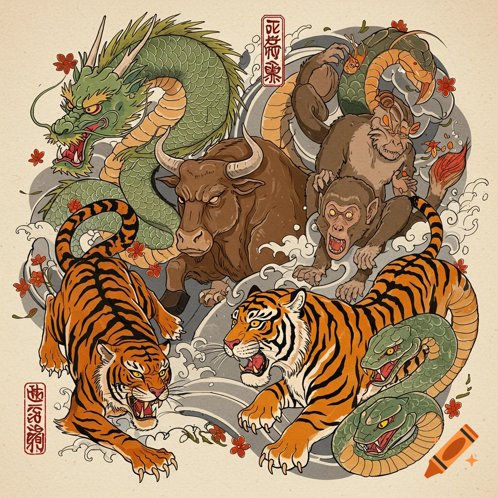 Zodiac animals (dragon, bull, tigers, monkeys, snake) in a tattoo design style.