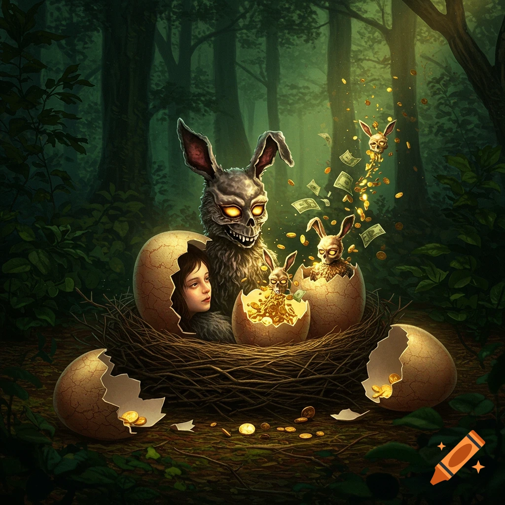 Creepy rabbit creatures hatching from eggs filled with money in a forest.