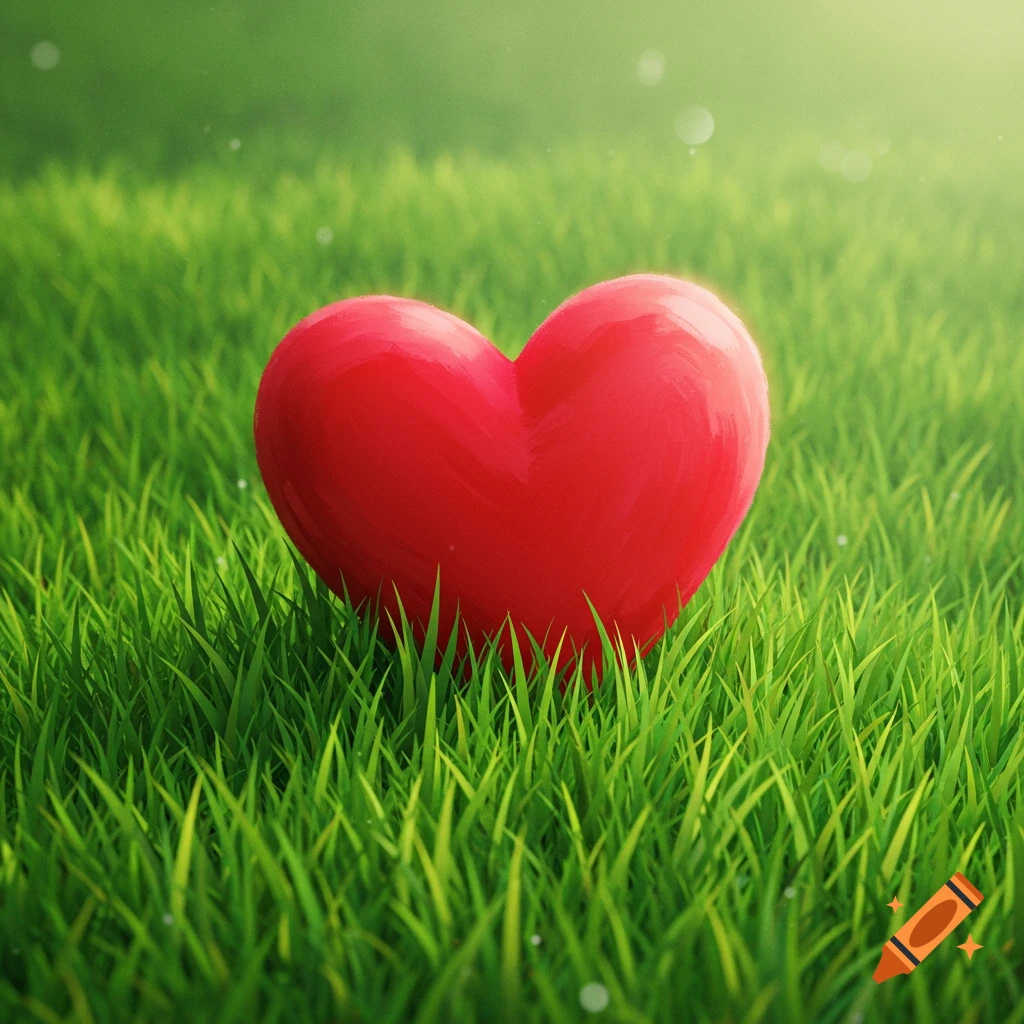 A red heart sits in bright green grass.