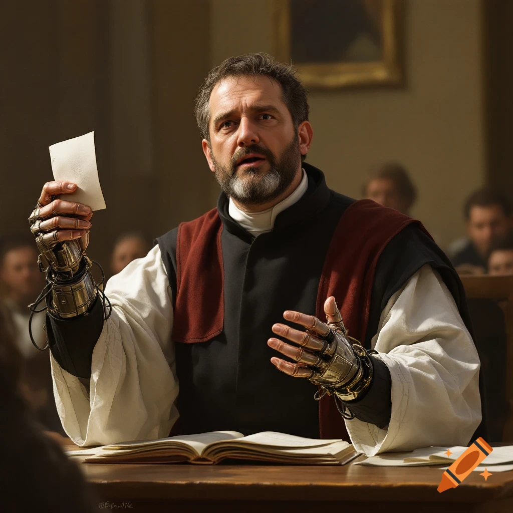 A man resembling Alfred Molina as John Tetzel with mechanical arms giving a speech.