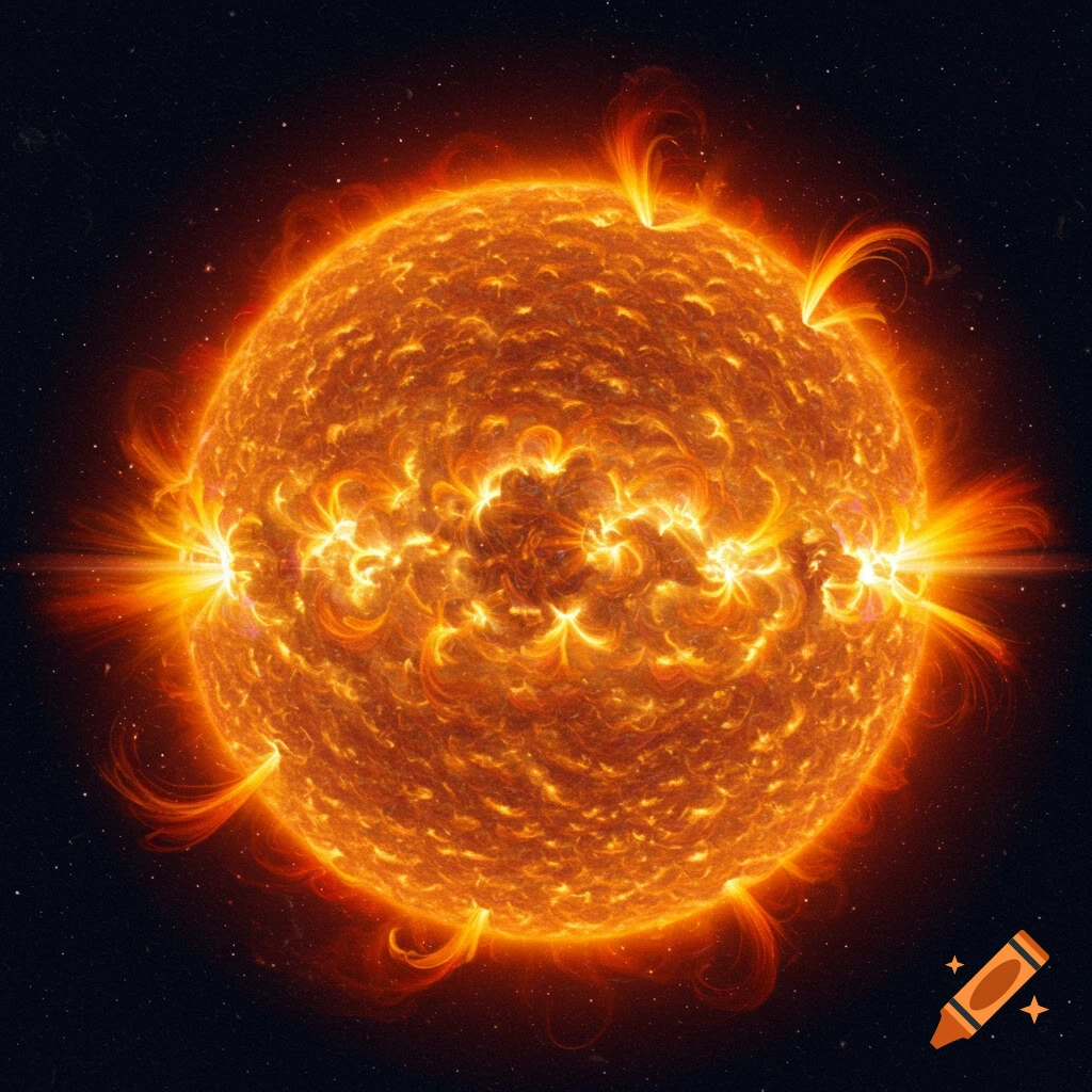 The sun with intense flares against a starry background.