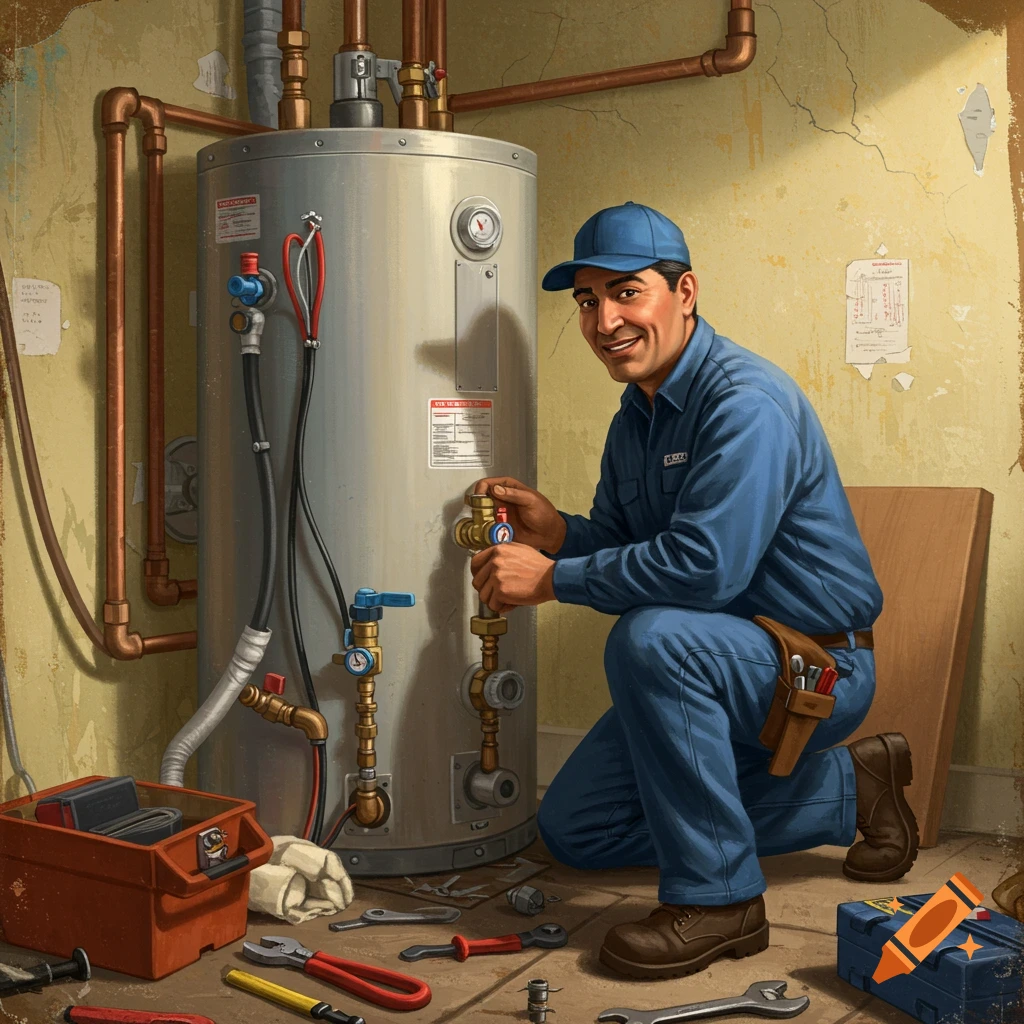A smiling plumber working on a water heater in a utility room, surrounded by tools.