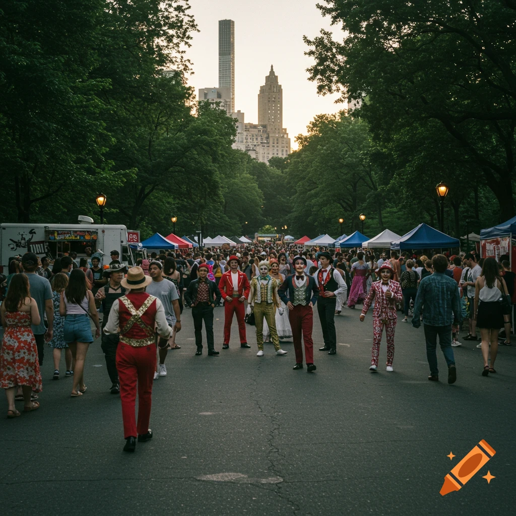 Crowd of people, some in theatrical costumes, at a festival in a park with tents, food trucks, and city buildings in the background.