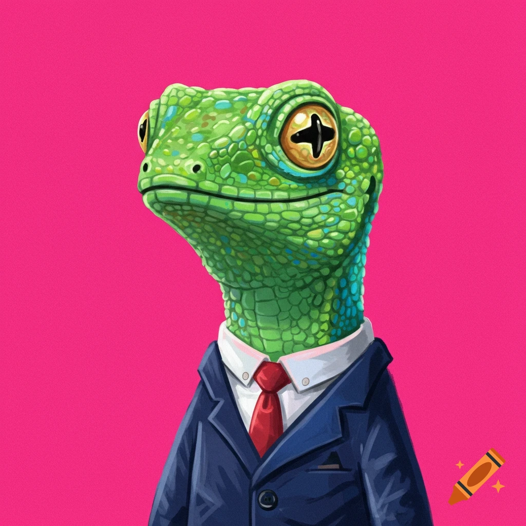 A green reptile wearing a blue suit and red tie against a pink background.