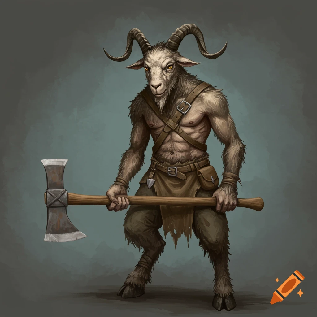 A goat-man holding a double-bit axe.