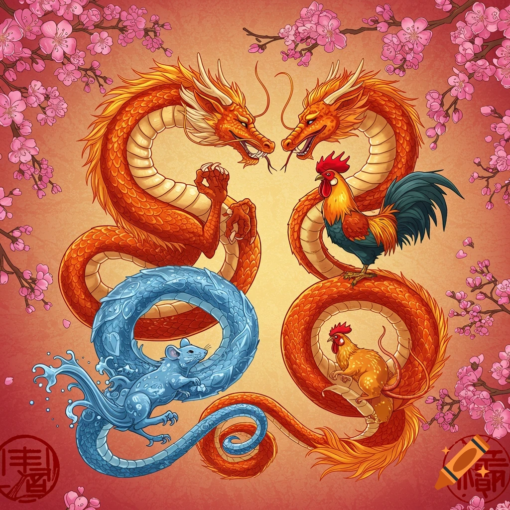 Two orange dragons, a blue rat, and two roosters are among pink cherry blossoms.