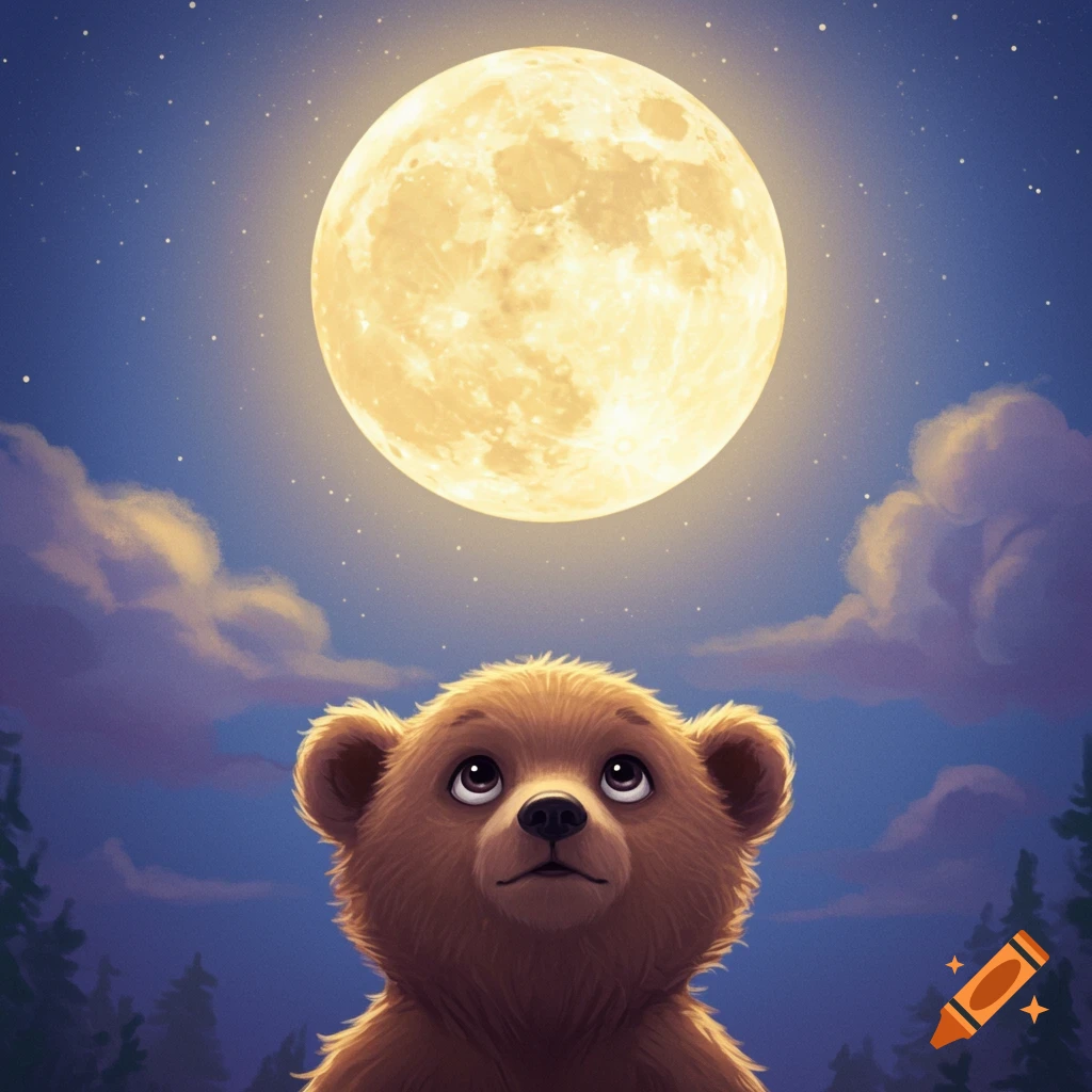A cute baby bear looking up at a large full moon at night in a whimsical style.
