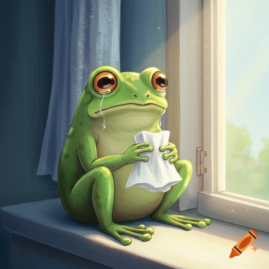 A crying frog sits on a windowsill, holding a tissue.