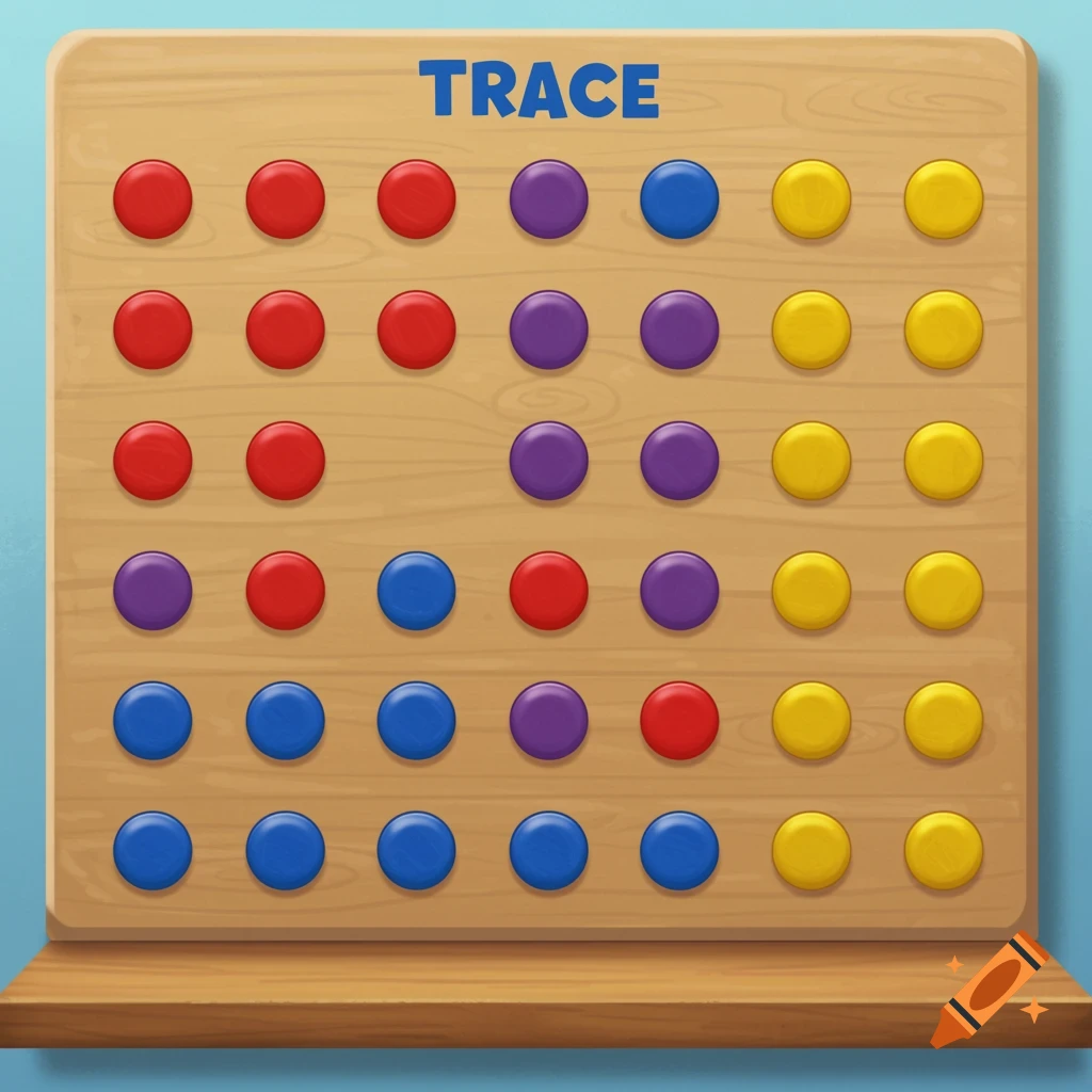 Wooden token board with red, purple, blue, and yellow circles and 'TRACE' label.