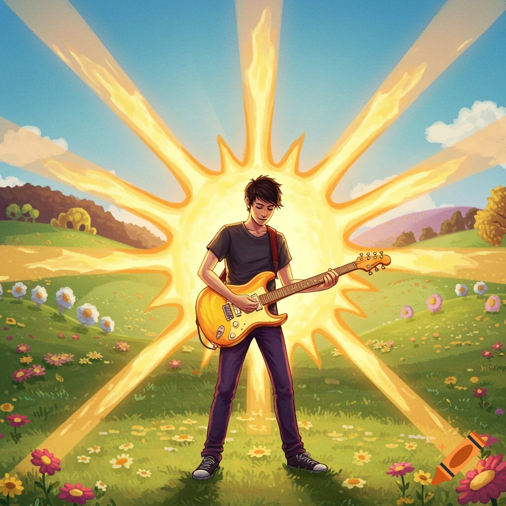 Young man plays electric guitar in sunny field.