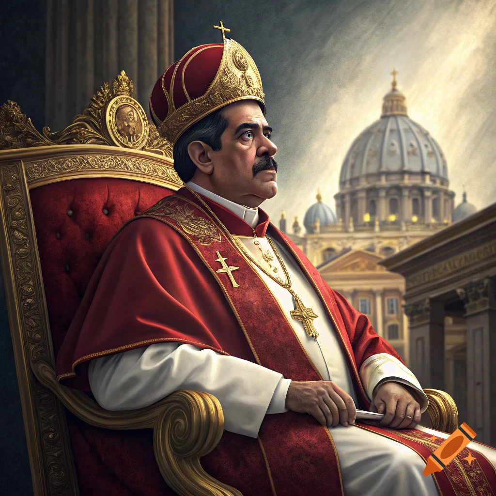 Painting of a man resembling Nicholas Maduro dressed as a Pope sitting in a chair in a Vatican-like setting.