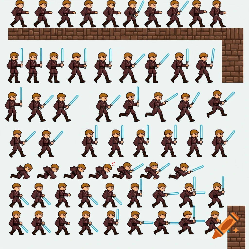 Pixel art sprite sheet featuring a character resembling Anakin Skywalker in various poses with a blue lightsaber, and pixelated brick wall elements.