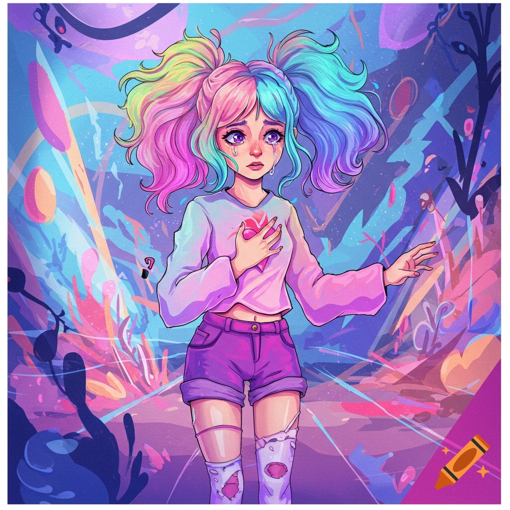 A colorful illustration of a crying girl with rainbow hair, holding her chest.