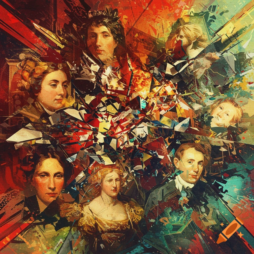 Multiple portraits combined with abstract, shattered elements