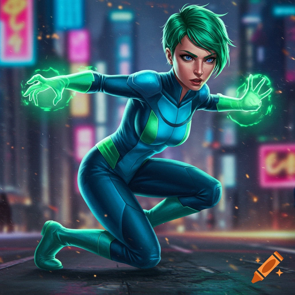 Female superhero with green hair and blue suit generating green energy in a city.