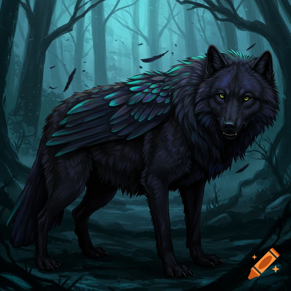 a black raven wolf hybrid in a dark forest