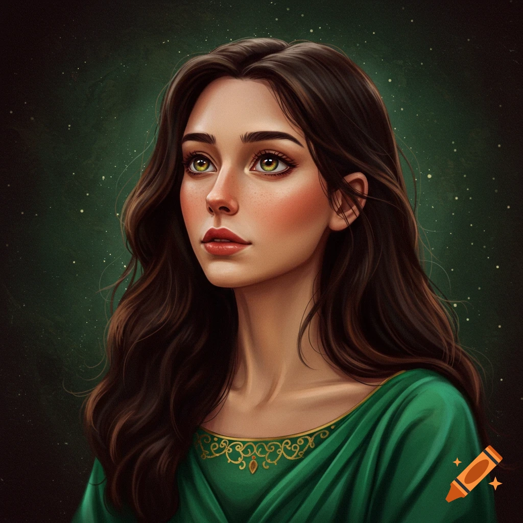 A portrait of a woman with green eyes and long brown hair in a green dress looking up.