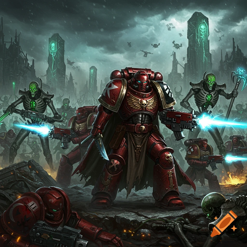 Red armored space marines fighting skeletal robots (Necrons) in a ruined landscape.