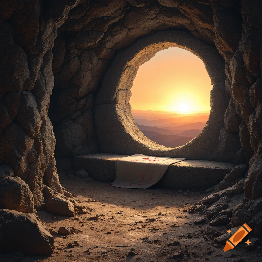Interior of an empty tomb or cave looking out through a round opening at a sunrise over mountains. A cloth with red stains lies on a stone shelf.
