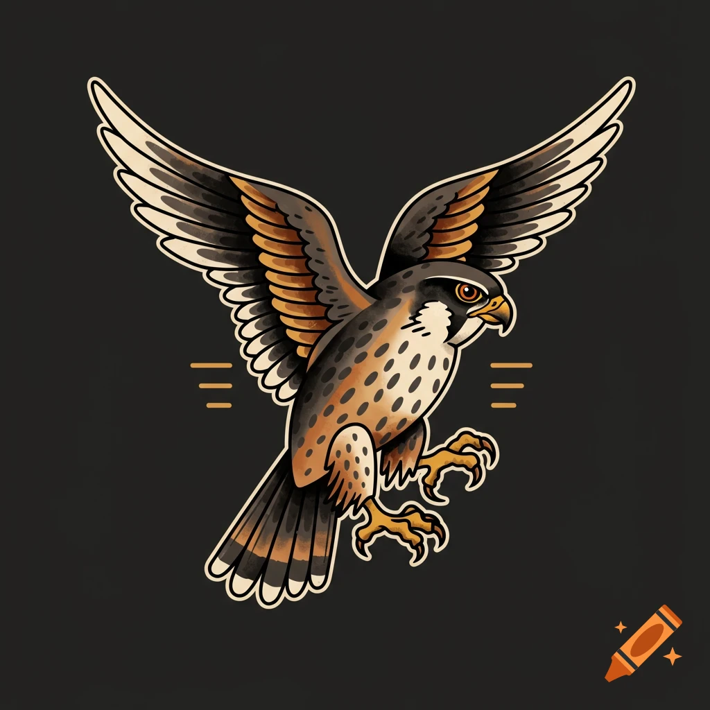 An American traditional tattoo style illustration of a falcon with outstretched wings against a dark background.