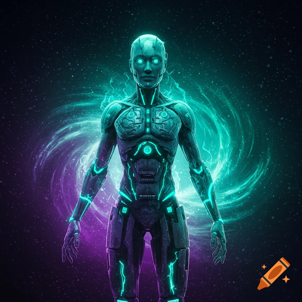 A glowing teal and purple cybernetic figure stands in front of a swirling galaxy.