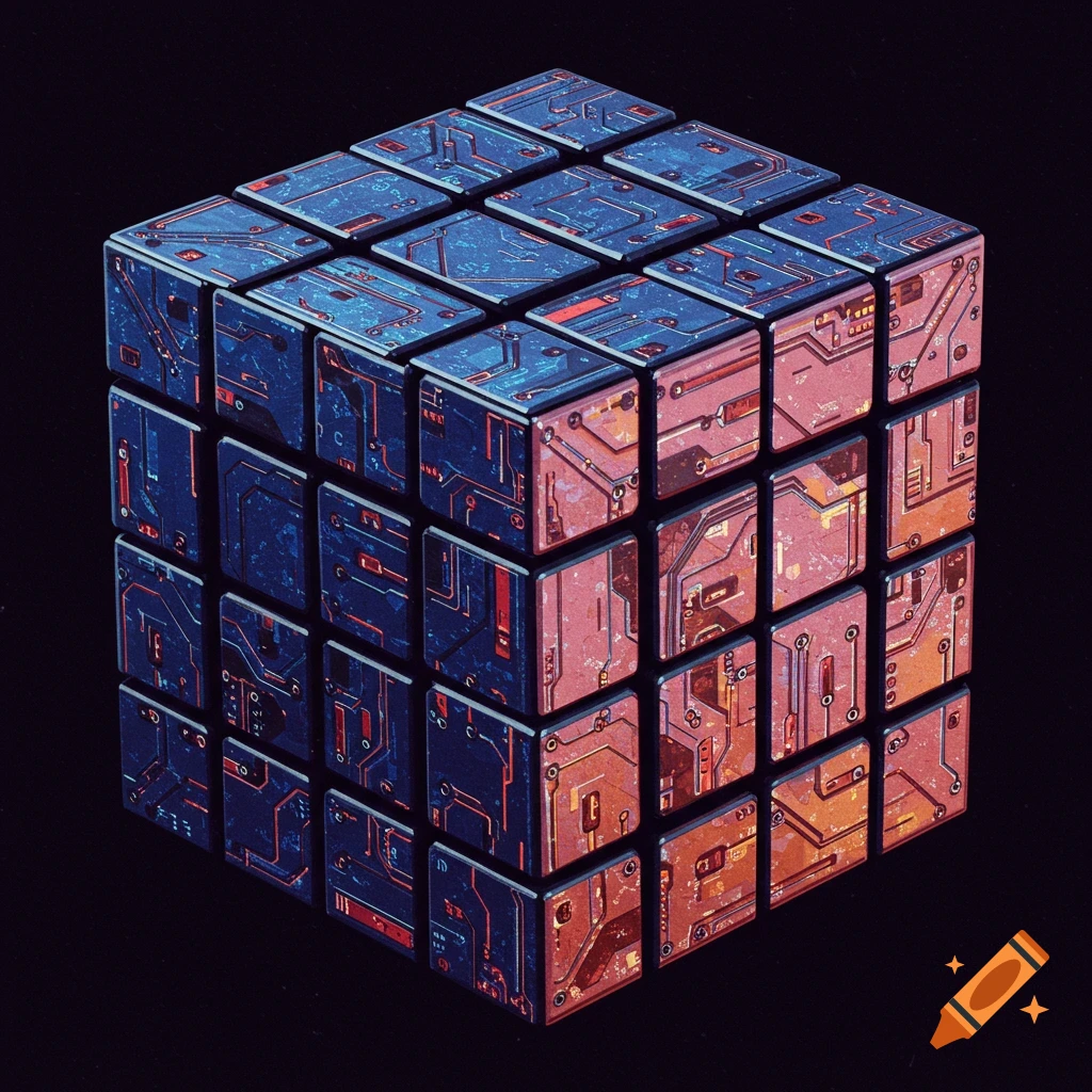 A futuristic Rubik's cube with intricate circuit board patterns in blue and red colors.