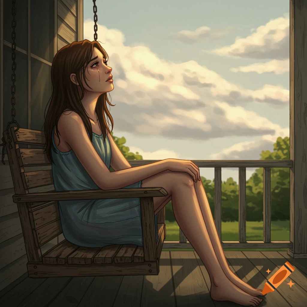A sad girl with long hair is sitting on a wooden porch swing, looking up at the sky.