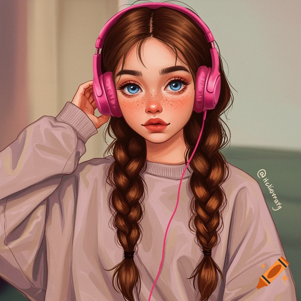A girl with braids and freckles wearing pink headphones.