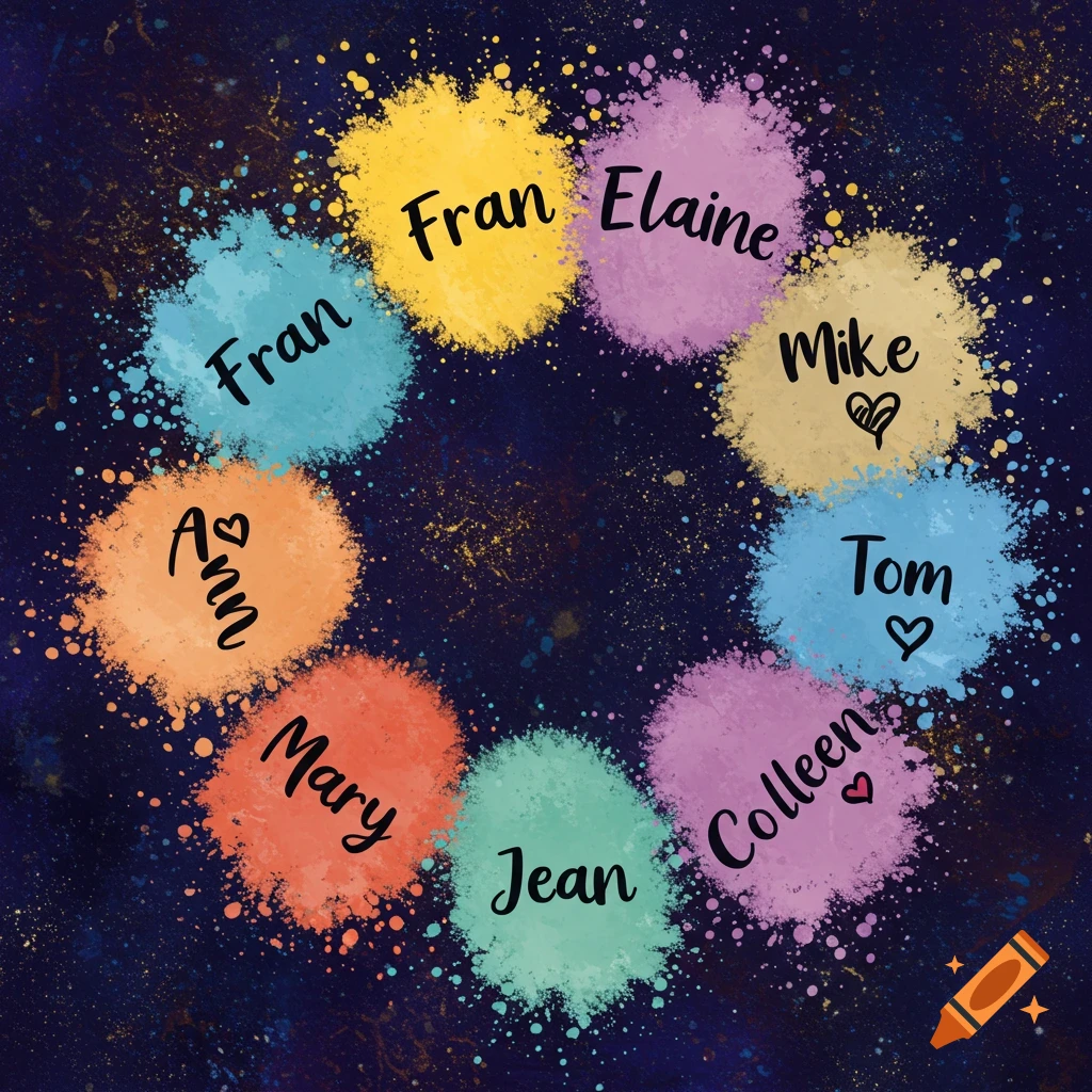 Circle of colorful paint splatters with names on a dark background.