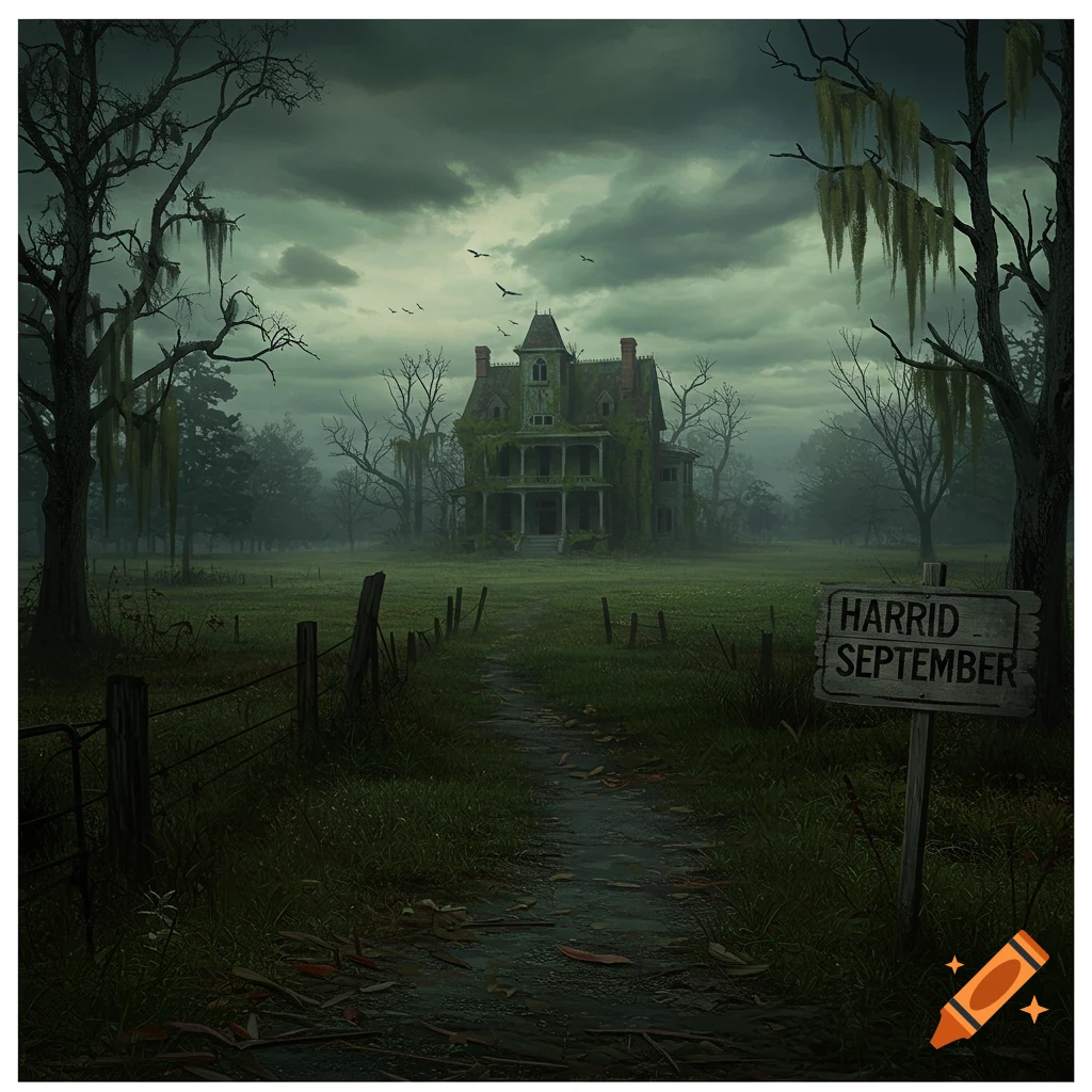 Southern Gothic of a spooky mansion and sign.