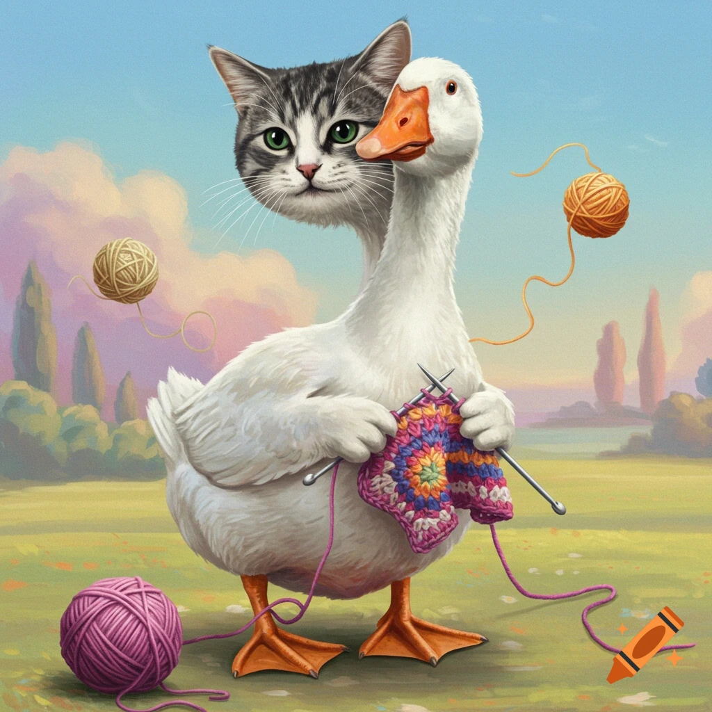 A creature with a cat's head and a goose's body sits in a field, crocheting with yarn and needles.