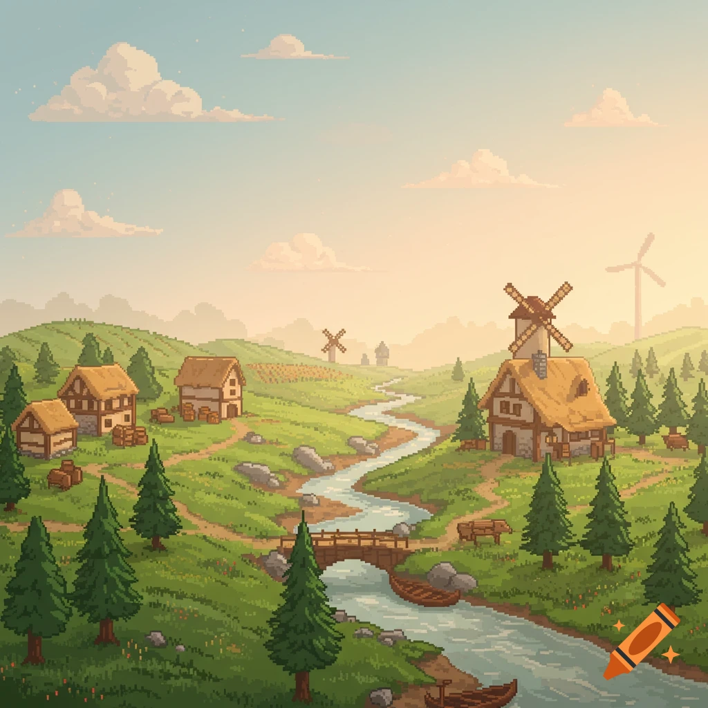 Pixel art landscape of a village with windmills, a river, and rolling hills under a cloudy sky.