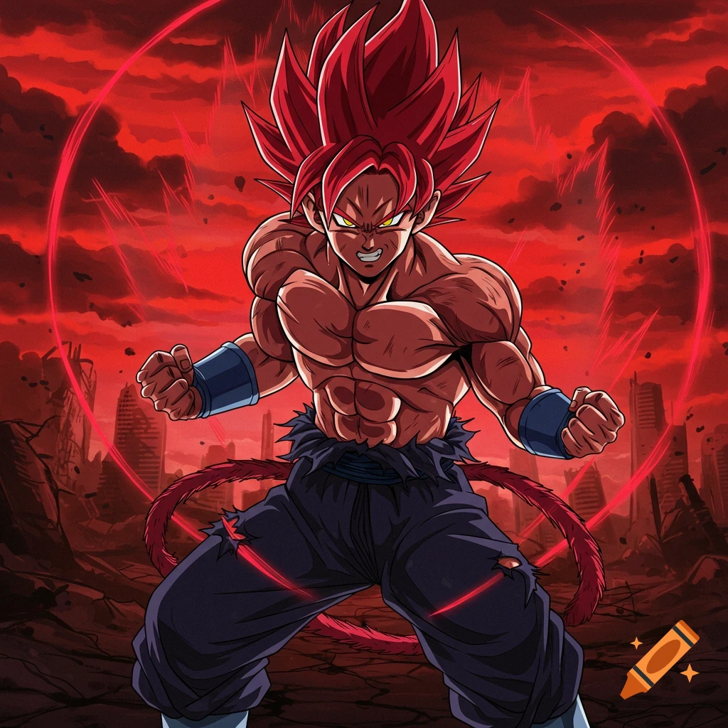 Muscular anime character with red hair and tail stands in a destroyed city with red aura.