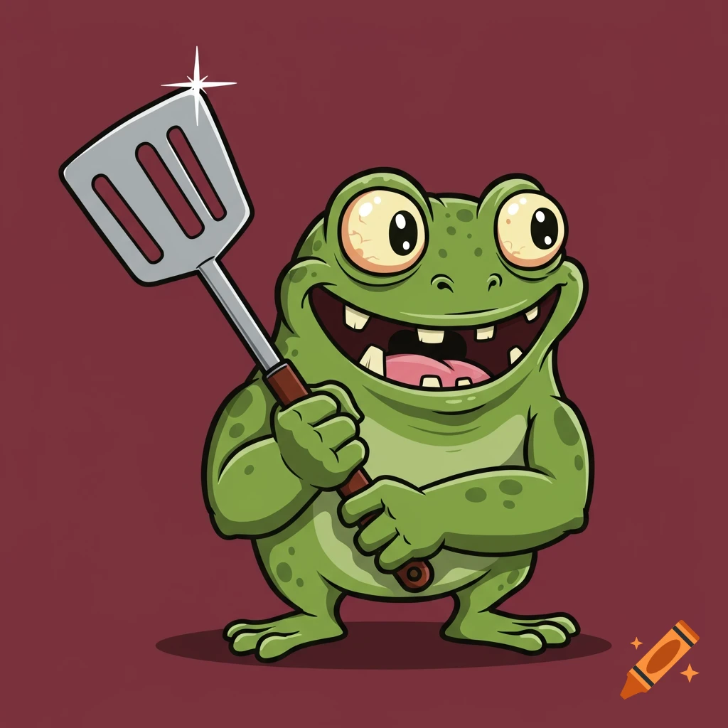 A cartoon frog character holds a spatula.