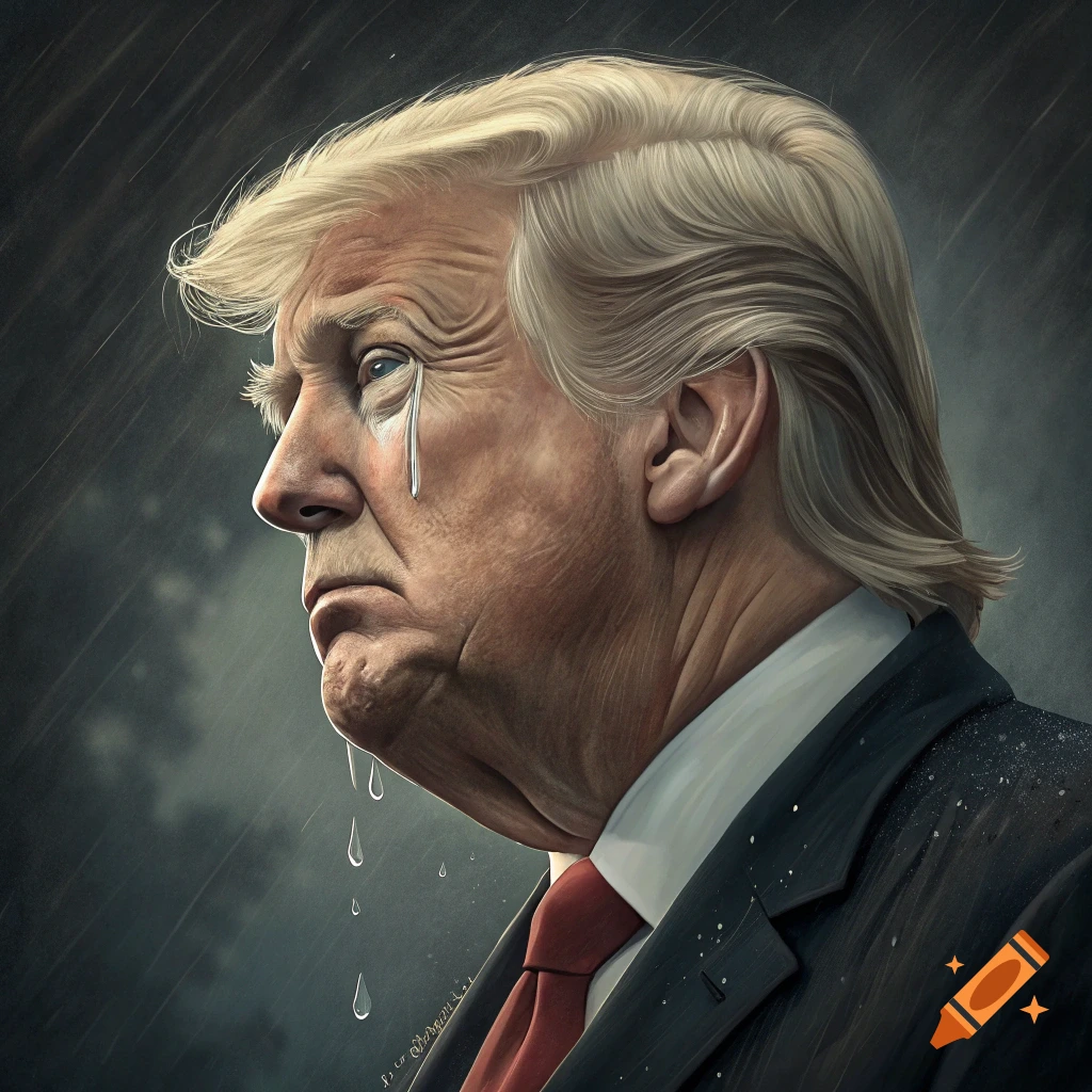 Stylized portrait of Donald Trump crying in the rain, looking sad and to the left.