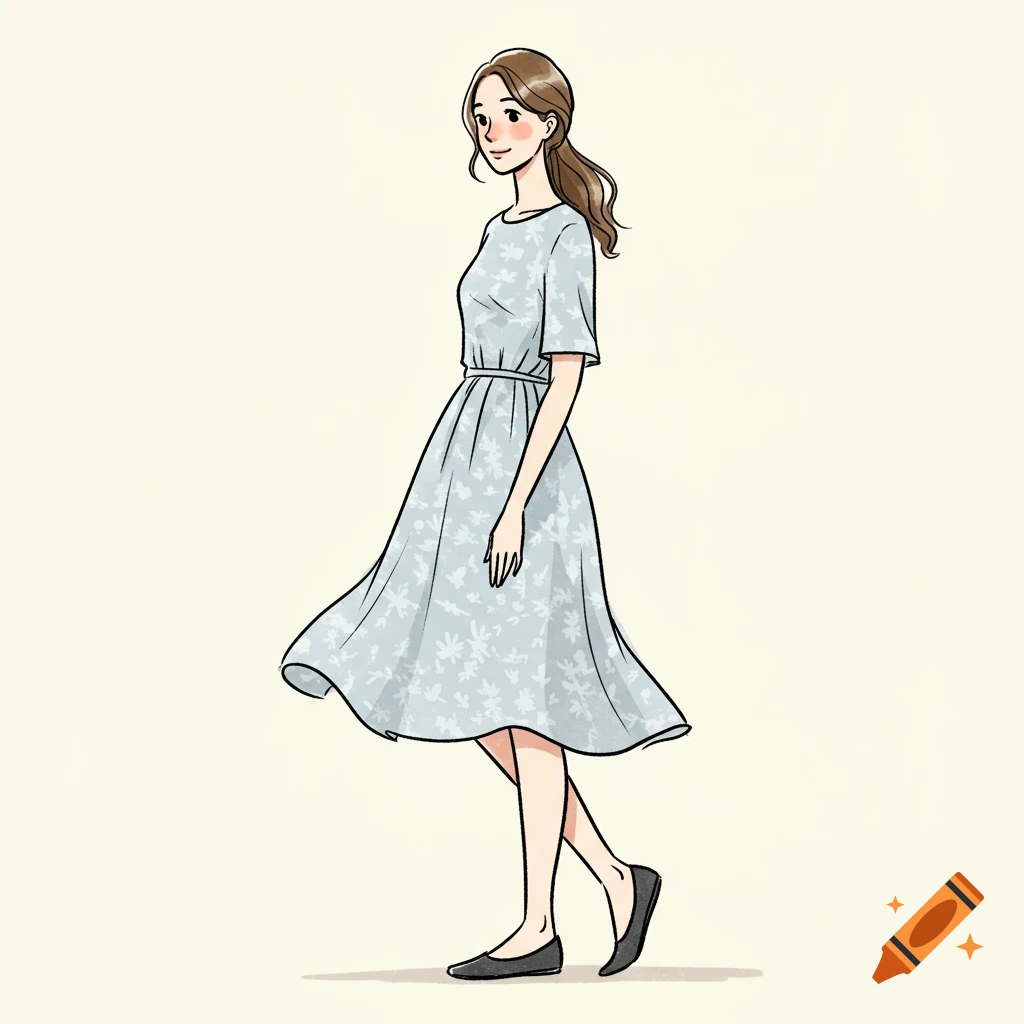 Illustration of a woman in a light blue floral dress walking.