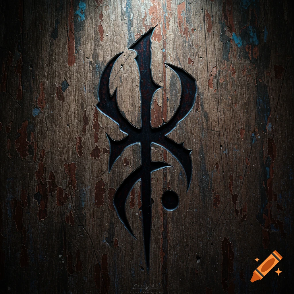 Dark, stylized symbol etched into textured, weathered wood