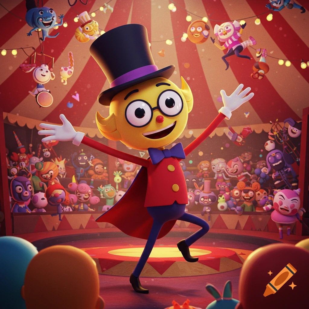 Yellow cartoon character in a ringleader outfit dancing on a circus stage with a crowd watching.