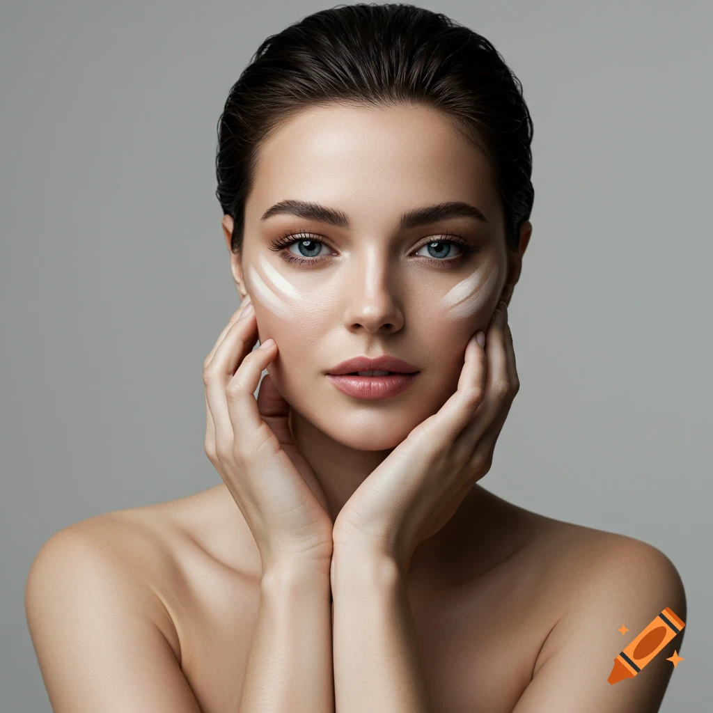 Close-up portrait of a woman with product applied to her cheeks and forehead