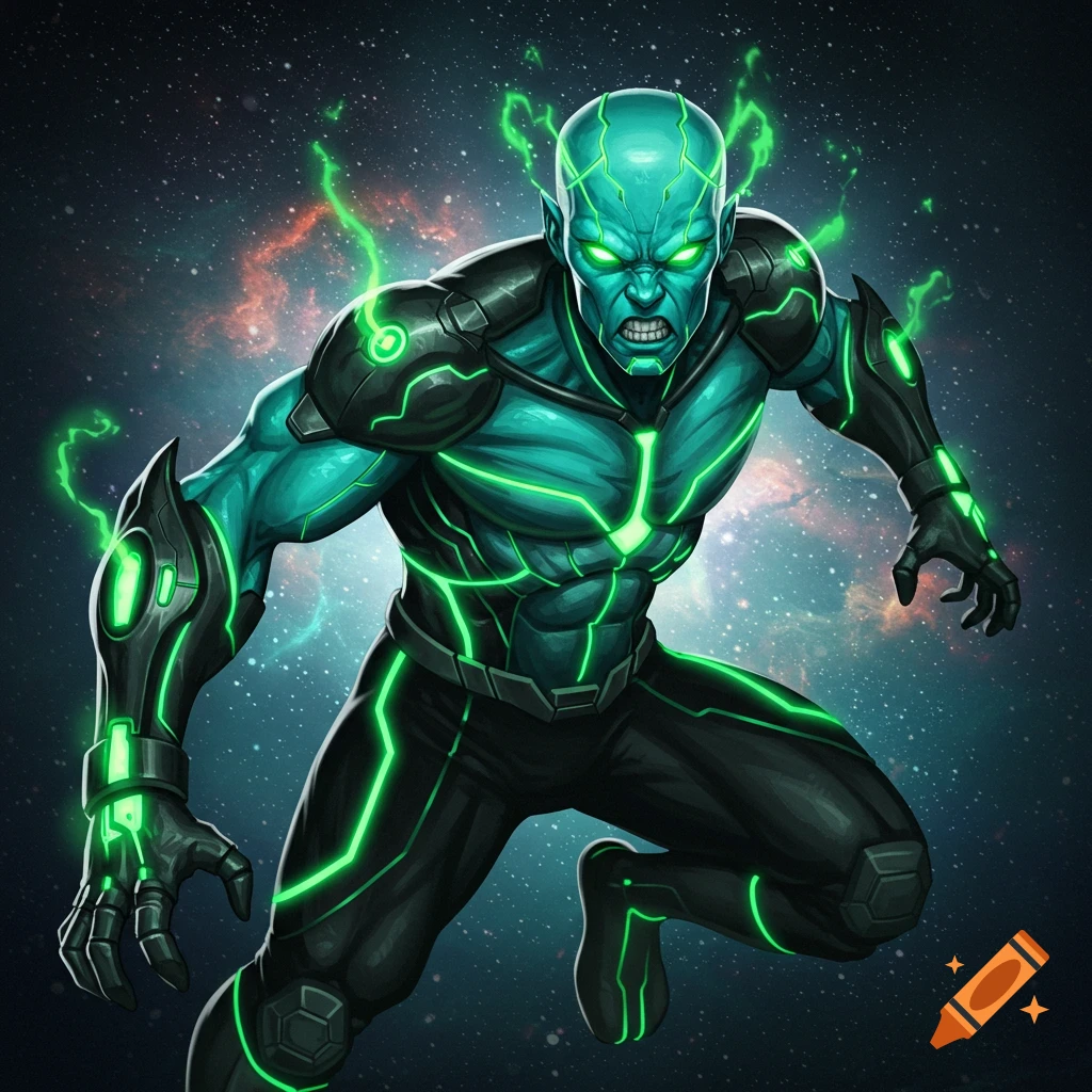 Green-skinned sci-fi character in dark suit with glowing green lines, floating in space, digital art.