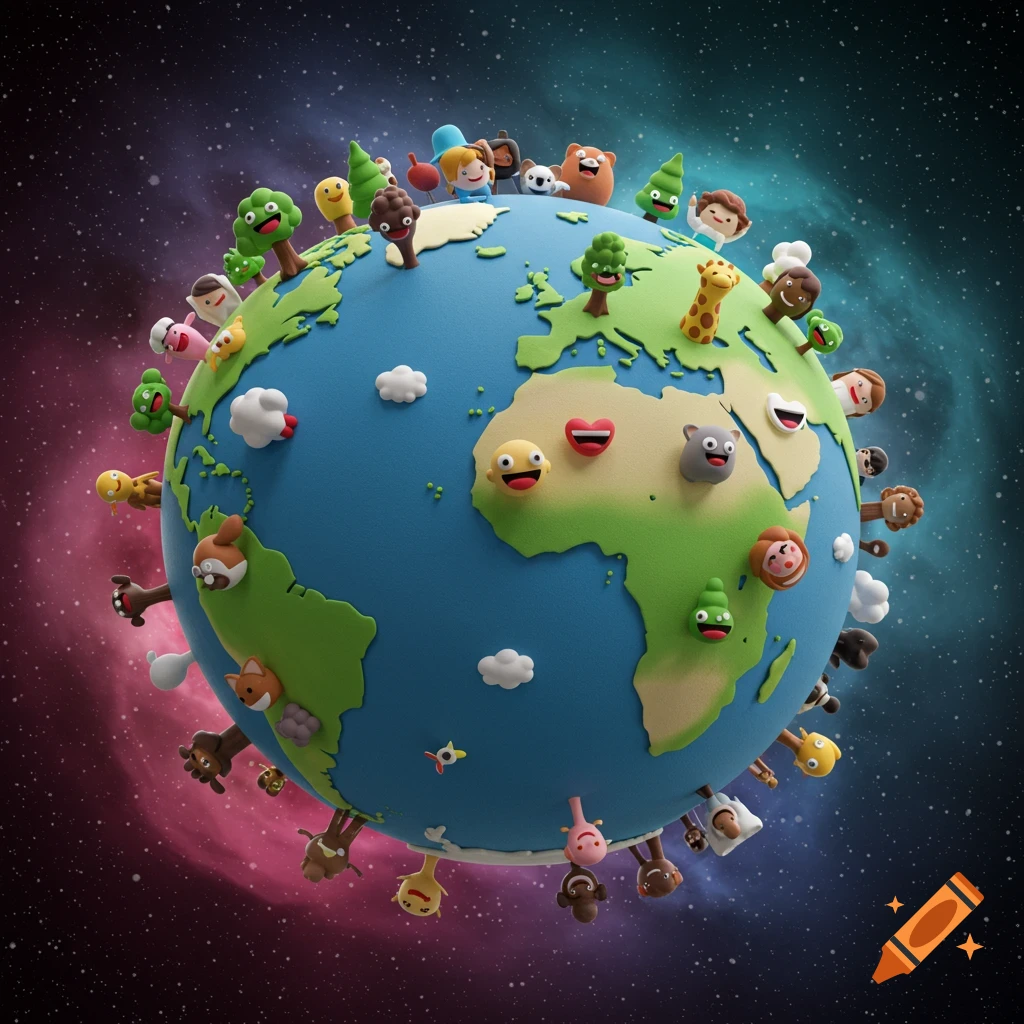 3D cartoon Earth with happy characters and trees on its surface, floating in space.