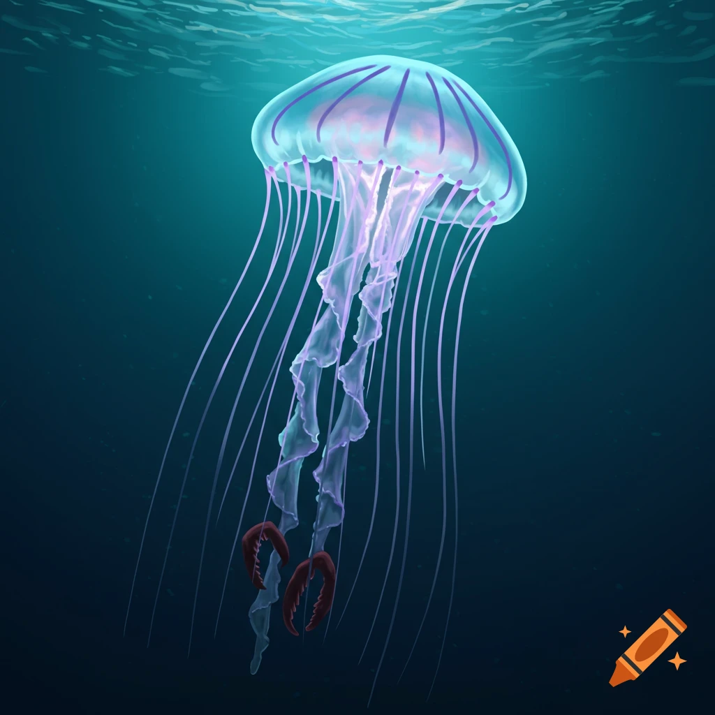 A translucent jellyfish with purple glowing streaks and red crab claws in dark water.
