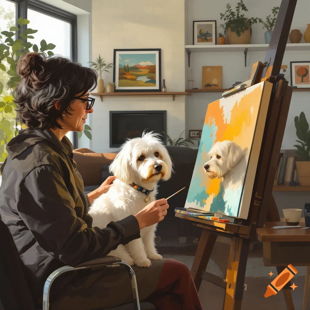 A woman painting a portrait of a white dog inside a home.