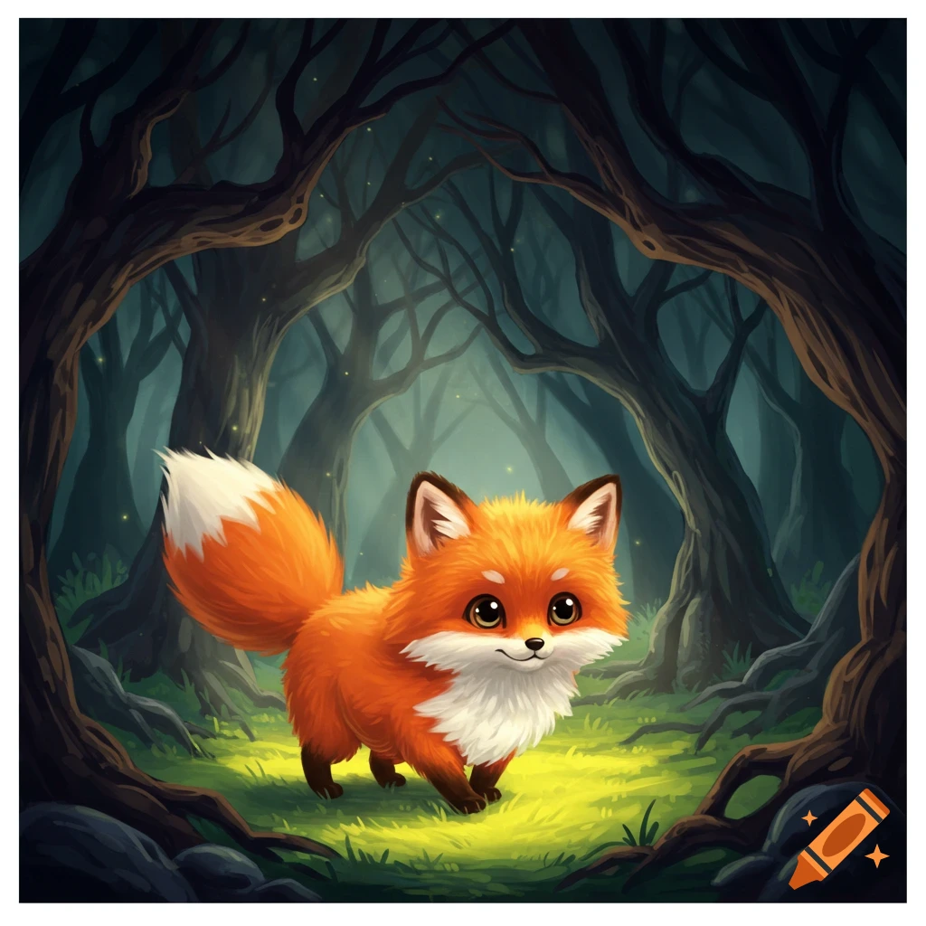 A cute fluffy fox walks through a dark, stylized forest floor lit by glowing particles.